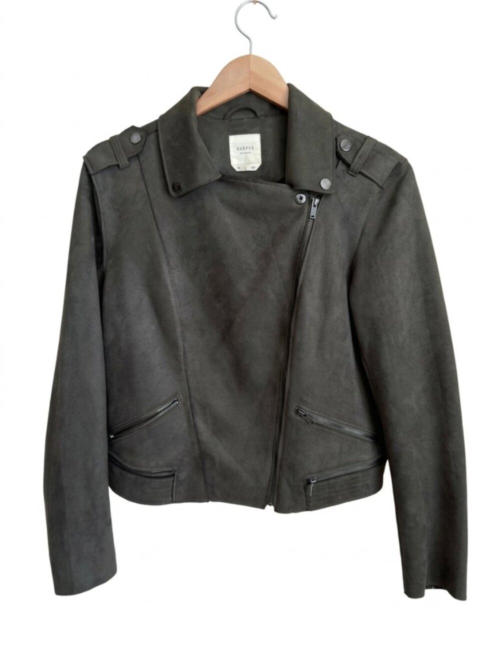 Cropped Moto Jacket Faux Suede Harper Heritage M Olive Gray Biker Zip Coat Edgy